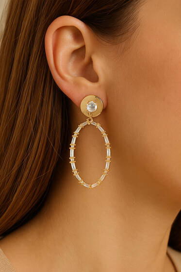 Küçük Taşlı Oval Küpe Gold - Küpe