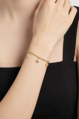 Küçük Yıldız Taşlı Zincir Bileklik Gold - KONYALI BİJUTERİ