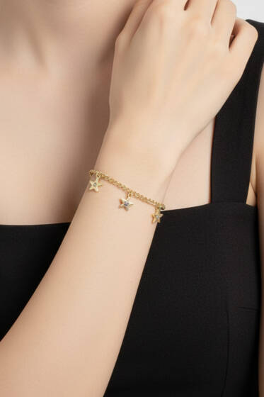 Küçük Yıldız Taşlı Zincir Bileklik Gold - Bileklik