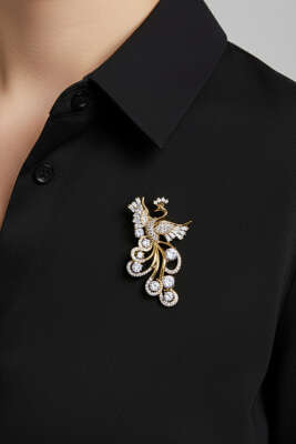 Kuğu Taşlı Broş Gold - DEMİR BİJUTERİ