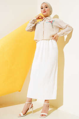 Kumaşı Piliseli Kalem Etek Ekru - Uzun Etek