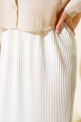 Kumaşı Piliseli Kalem Etek Ekru - Uzun Etek