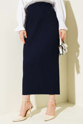 Kumaşı Piliseli Kalem Etek Lacivert - Uzun Etek