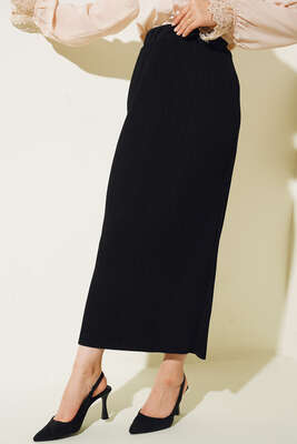 Kumaşı Piliseli Kalem Etek Siyah - Uzun Etek