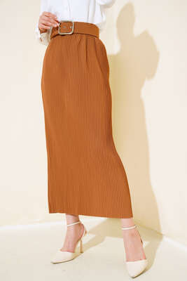 Kumaşı Piliseli Kalem Etek Taba - Uzun Etek