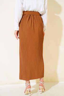 Kumaşı Piliseli Kalem Etek Taba - Uzun Etek