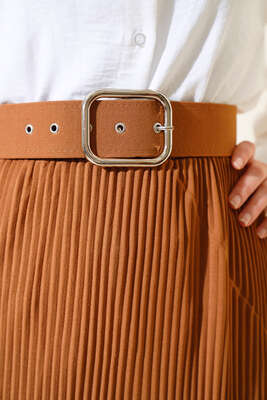 Kumaşı Piliseli Kalem Etek Taba - Uzun Etek