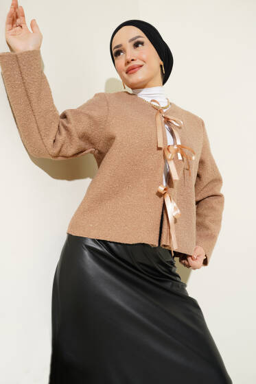 Kurdele Bağcıklı Buklet Ceket Latte - Ceket