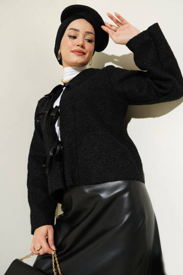 Kurdele Bağcıklı Buklet Ceket Siyah - Ceket