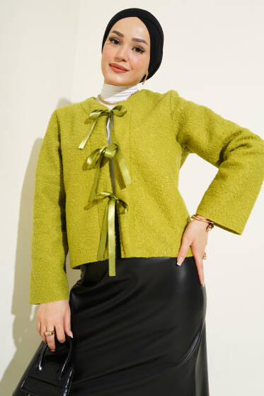 Kurdele Bağcıklı Buklet Ceket Yeşil - Ceket
