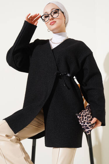 Kurdele Bağlamalı Buklet Ceket Siyah - Ceket