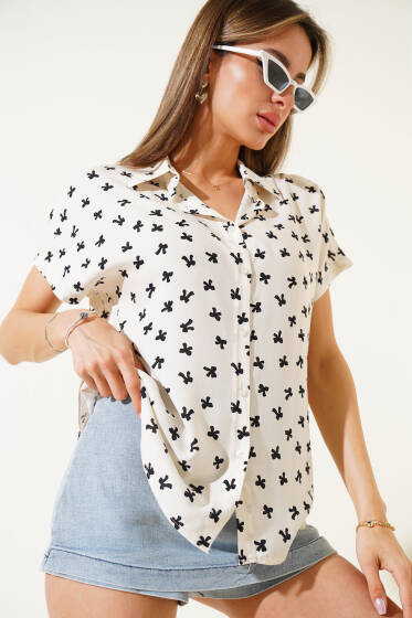 Kurdele Desen Kısa Kol Gömlek Bej - Kadın Giyim Modelleri