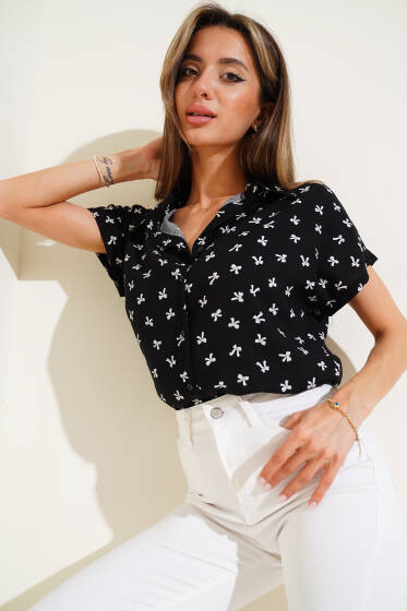 Kurdele Desen Kısa Kol Gömlek Siyah - Kadın Giyim Modelleri