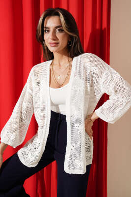 Kurdele Desenli Delikli Hırka Beyaz - Hırka