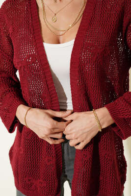 Kurdele Desenli Delikli Hırka Bordo - Hırka