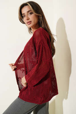 Kurdele Desenli Delikli Hırka Bordo - VANİZA TRİKO