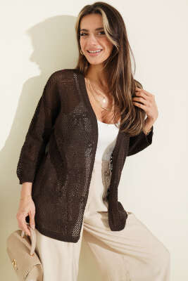 Kurdele Desenli Delikli Hırka Kahve - Hırka