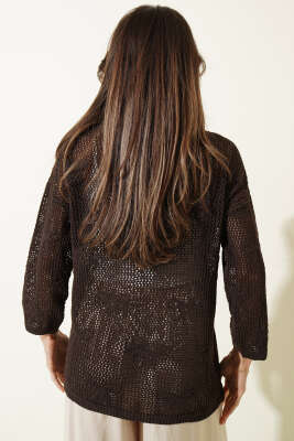 Kurdele Desenli Delikli Hırka Kahve - Hırka