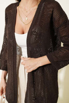 Kurdele Desenli Delikli Hırka Kahve - Hırka