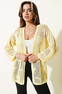 Kurdele Desenli Delikli Hırka Sarı - Kadın Giyim Modelleri