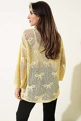 Kurdele Desenli Delikli Hırka Sarı - Kadın Giyim Modelleri