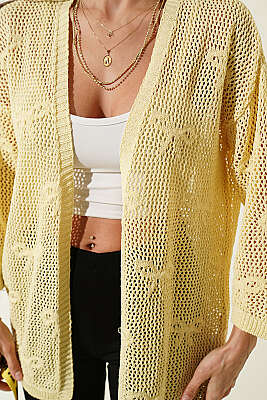 Kurdele Desenli Delikli Hırka Sarı - Kadın Giyim Modelleri