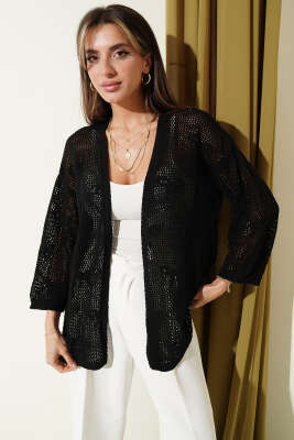 Kurdele Desenli Delikli Hırka Siyah - VANİZA TRİKO