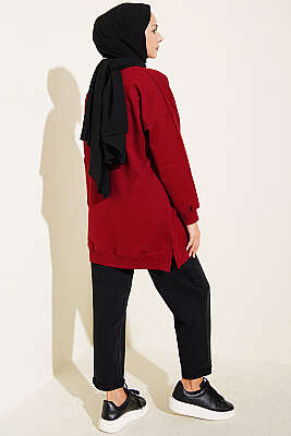 Kurdele Detaylı Bisiklet Yaka Tunik Bordo - Tunik