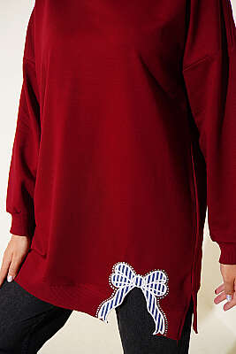 Kurdele Detaylı Bisiklet Yaka Tunik Bordo - Tunik