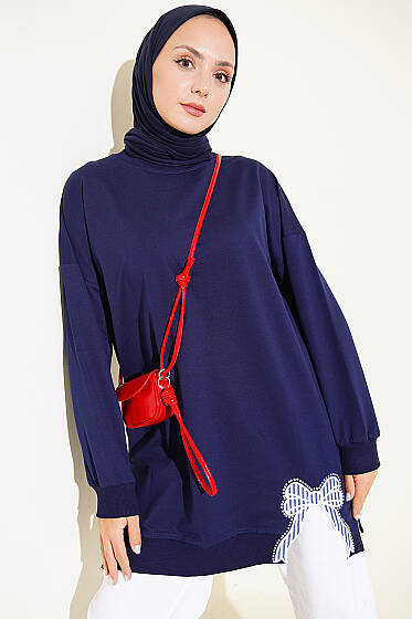 Kurdele Detaylı Bisiklet Yaka Tunik Lacivert - Tunik