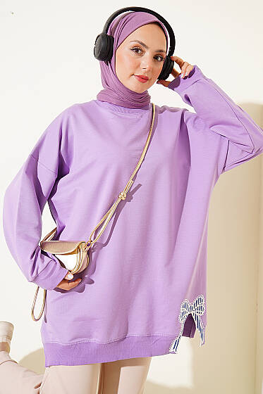 Kurdele Detaylı Bisiklet Yaka Tunik Lila - Tunik