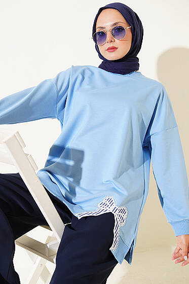 Kurdele Detaylı Bisiklet Yaka Tunik Mavi - Tunik