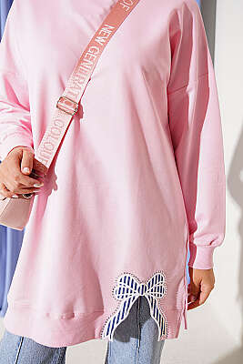 Kurdele Detaylı Bisiklet Yaka Tunik Pembe - Tunik