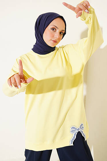 Kurdele Detaylı Bisiklet Yaka Tunik Sarı - Tunik