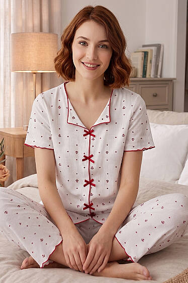 Kurdele Detaylı Yıldız Baskılı Kısa Kol Pijama Takımı Kırmızı - Pijama