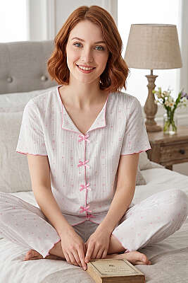 Kurdele Detaylı Yıldız Baskılı Kısa Kol Pijama Takımı Pembe 