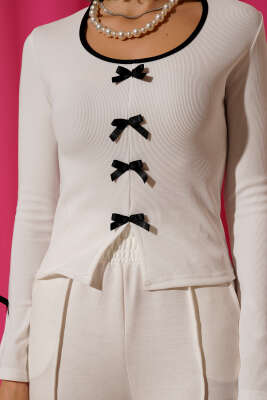 Kurdele Fiyonklu Fitilli Bluz Beyaz - Kadın Giyim Modelleri