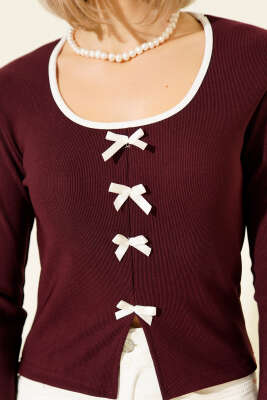 Kurdele Fiyonklu Fitilli Bluz Mürdüm - Kadın Giyim Modelleri