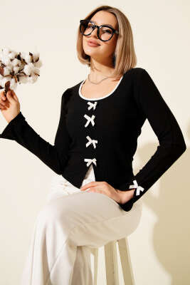 Kurdele Fiyonklu Fitilli Bluz Siyah - Kadın Giyim Modelleri