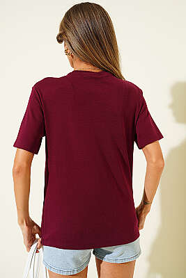 Kurdele Güpürlü T-shirt Bordo - Kadın Giyim Modelleri