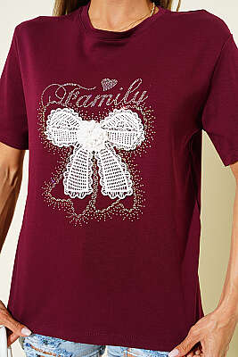 Kurdele Güpürlü T-shirt Bordo - Kadın Giyim Modelleri
