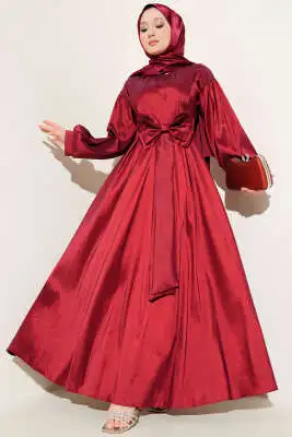 Kurdele Kuşaklı Abiye Elbise Bordo 