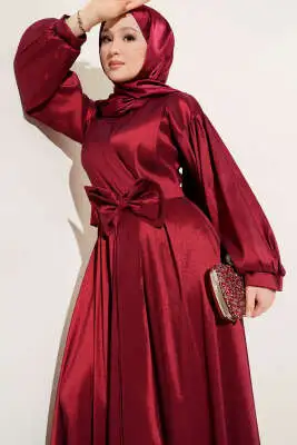Kurdele Kuşaklı Abiye Elbise Bordo - Tesettür Elbise
