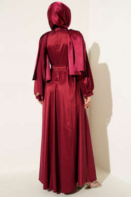 Kurdele Kuşaklı Abiye Elbise Bordo - Tesettür Elbise