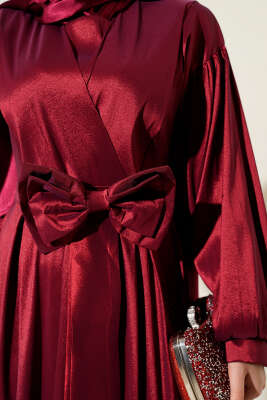 Kurdele Kuşaklı Abiye Elbise Bordo - Tesettür Elbise