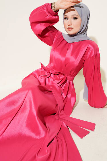 Kurdele Kuşaklı Abiye Elbise Fuşya - Elbise