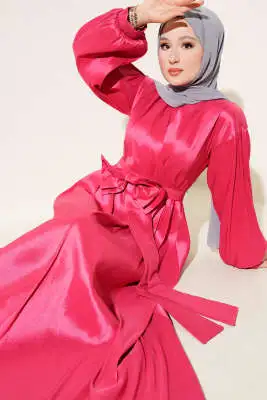 Kurdele Kuşaklı Abiye Elbise Fuşya - Tesettür Elbise