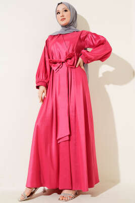 Kurdele Kuşaklı Abiye Elbise Fuşya - Tesettür Elbise