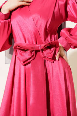 Kurdele Kuşaklı Abiye Elbise Fuşya - Tesettür Elbise