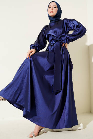 Kurdele Kuşaklı Abiye Elbise Lacivert - Elbise